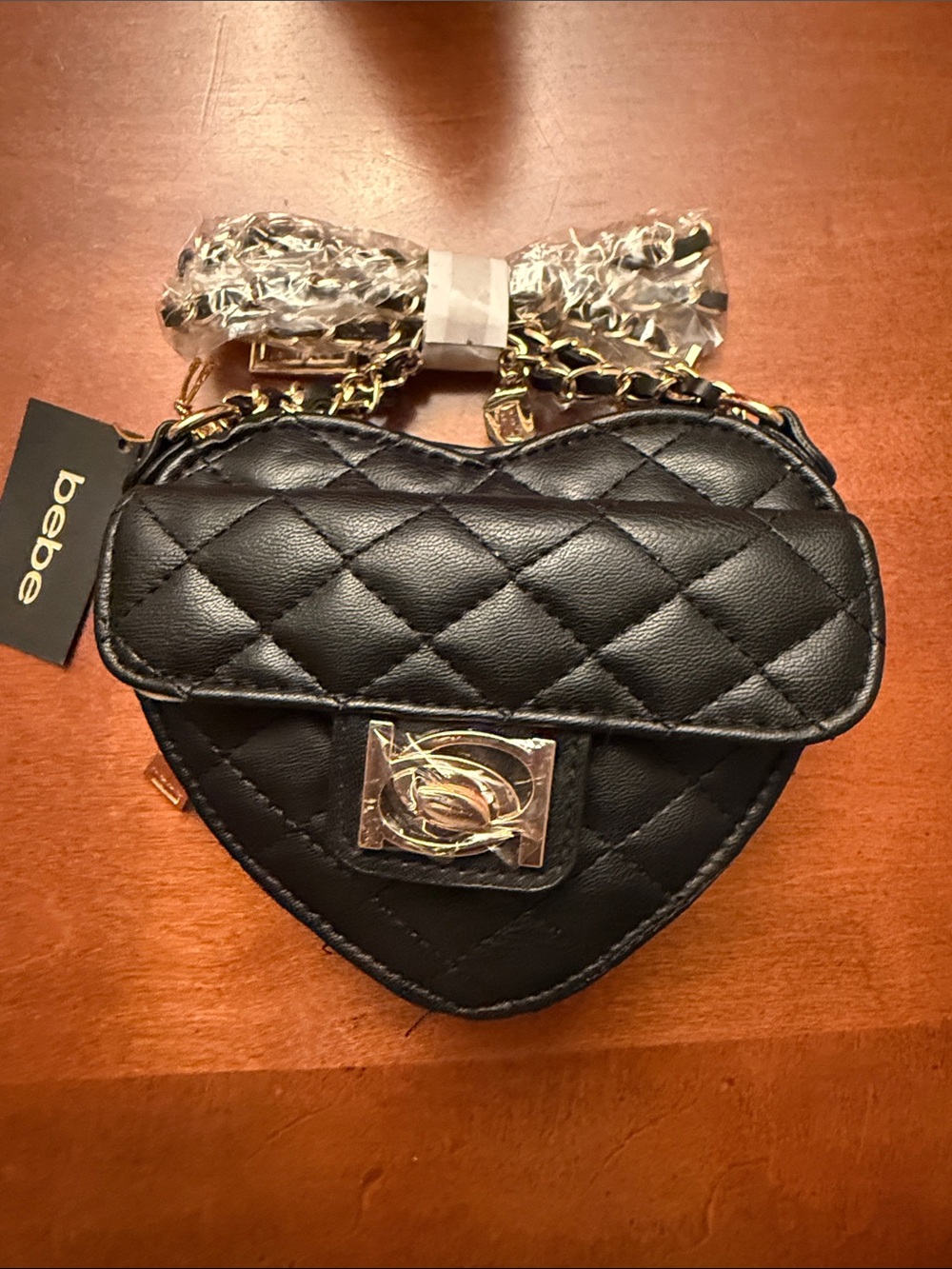Bebe Black Quilted Heart Mini Crossbody with Gold Chain and BEBE charms